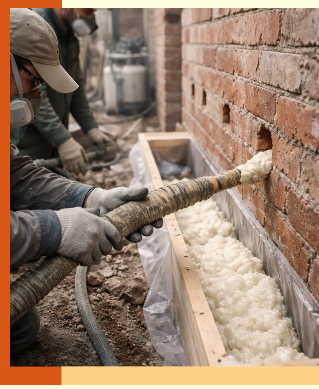 Заливка ППУ в пустоты кирпичной стены в Нурлате